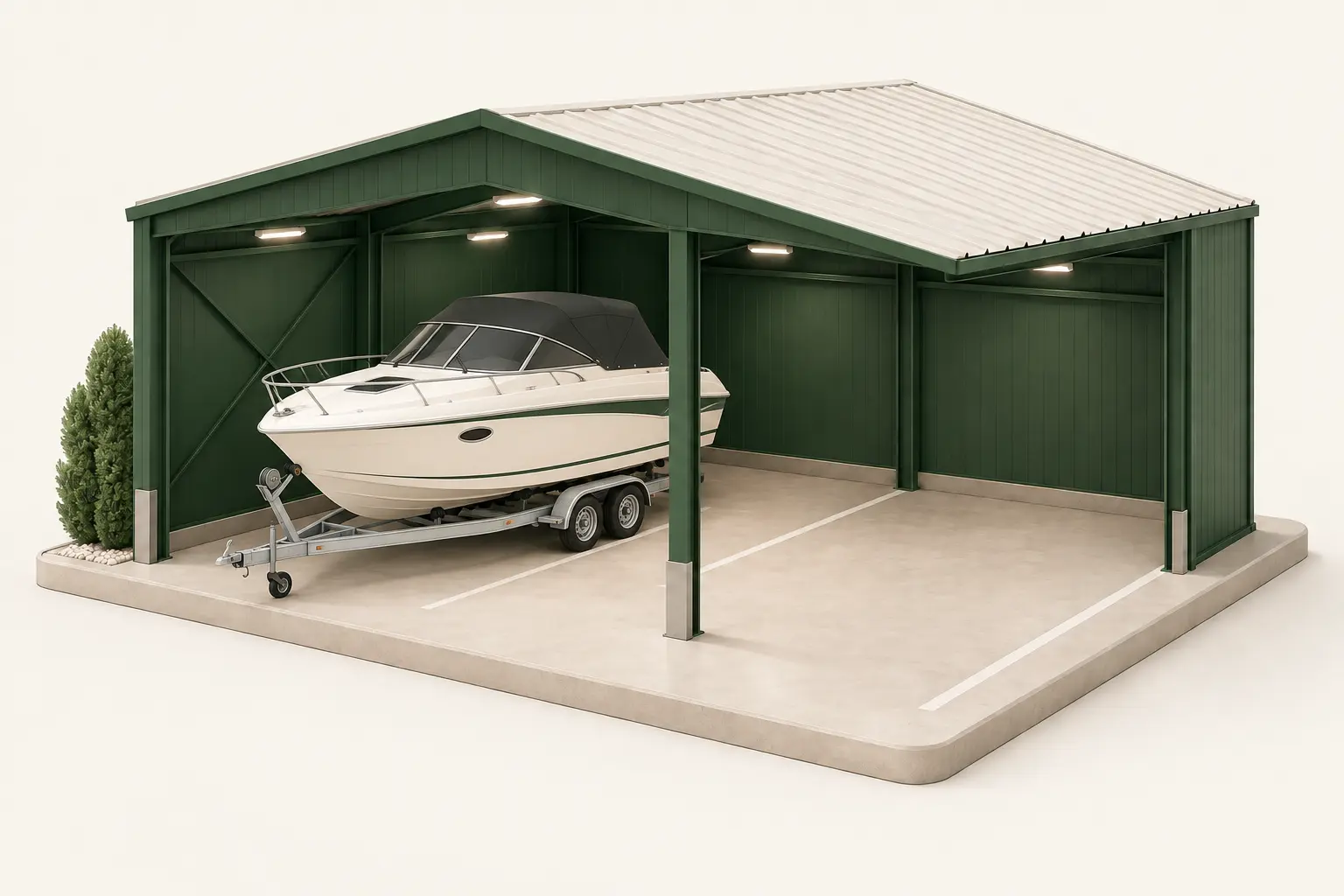Illustration einer überdachten, beleuchteten Unterstellhalle, in der ein Motorboot auf seinem Trailer steht