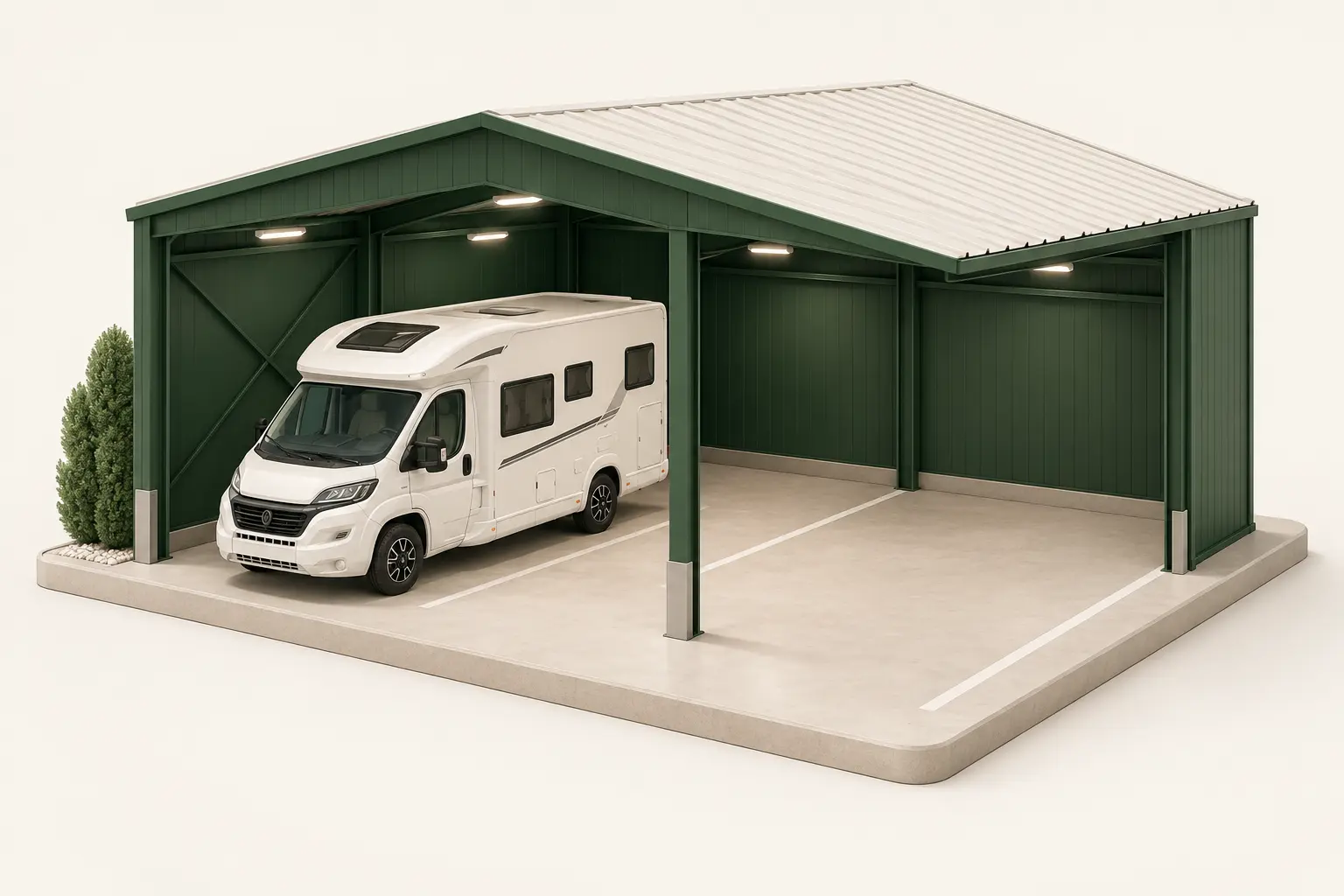 Illustration einer geschlossenen Halle mit beleuchteten Stellplätzen, in der ein Reisemobil untergestellt ist