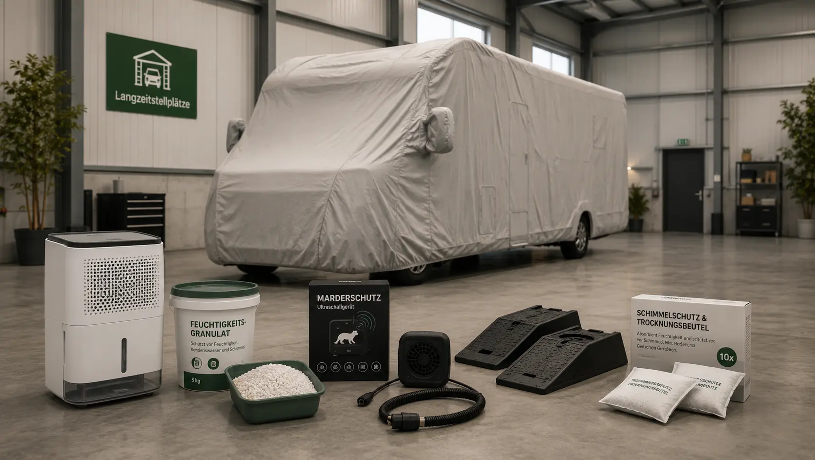 Wohnmobil sicher untergestellt auf einem Stellplatz