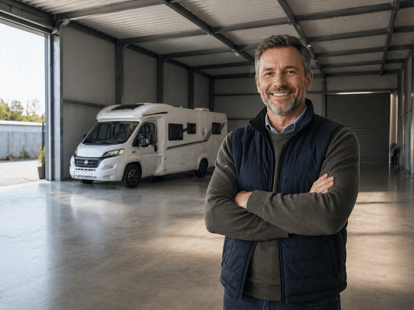 Geschützte Halle für Reisemobile und Wohnwagen