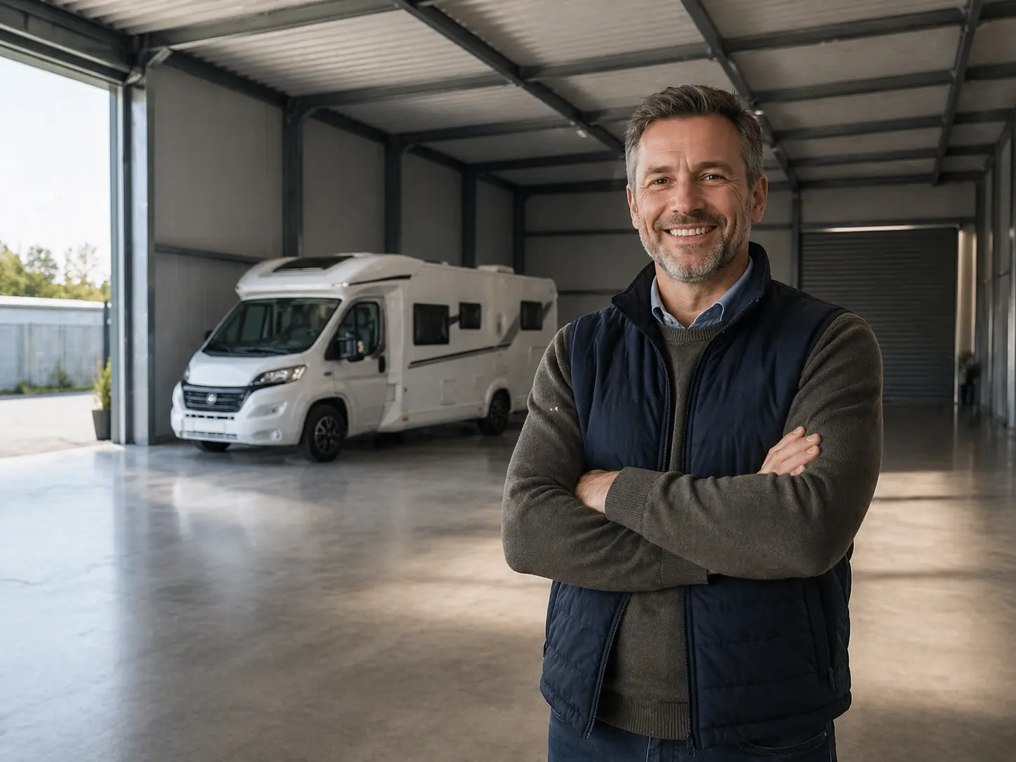 Geschützte Halle für Reisemobile und Wohnwagen