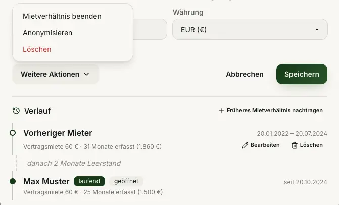 Verlauf eines Stellplatzes: vorheriges Mietverhältnis mit Zeitraum und erfassten Monaten, der Hinweis „danach 2 Monate Leerstand“ und das laufende Mietverhältnis