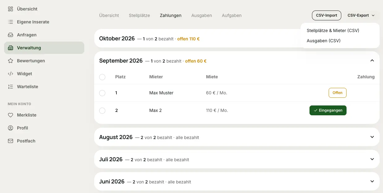 Zahlungs-Tab der Stellplatzverwaltung: Monate untereinander aufgeklappt mit Platz, Mieter, Miete und dem Status „Offen“ bzw. „Eingegangen“, dazu das Menü für CSV-Export