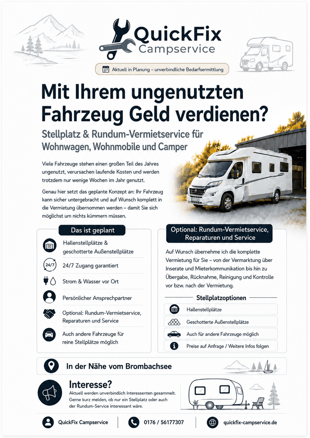 Indoor / Halle · Im Freien · Gesichert · Langzeitbetreuung in Pleinfeld – Wohnwagen & Wohnmobile: Stellplatz + Vermietservice