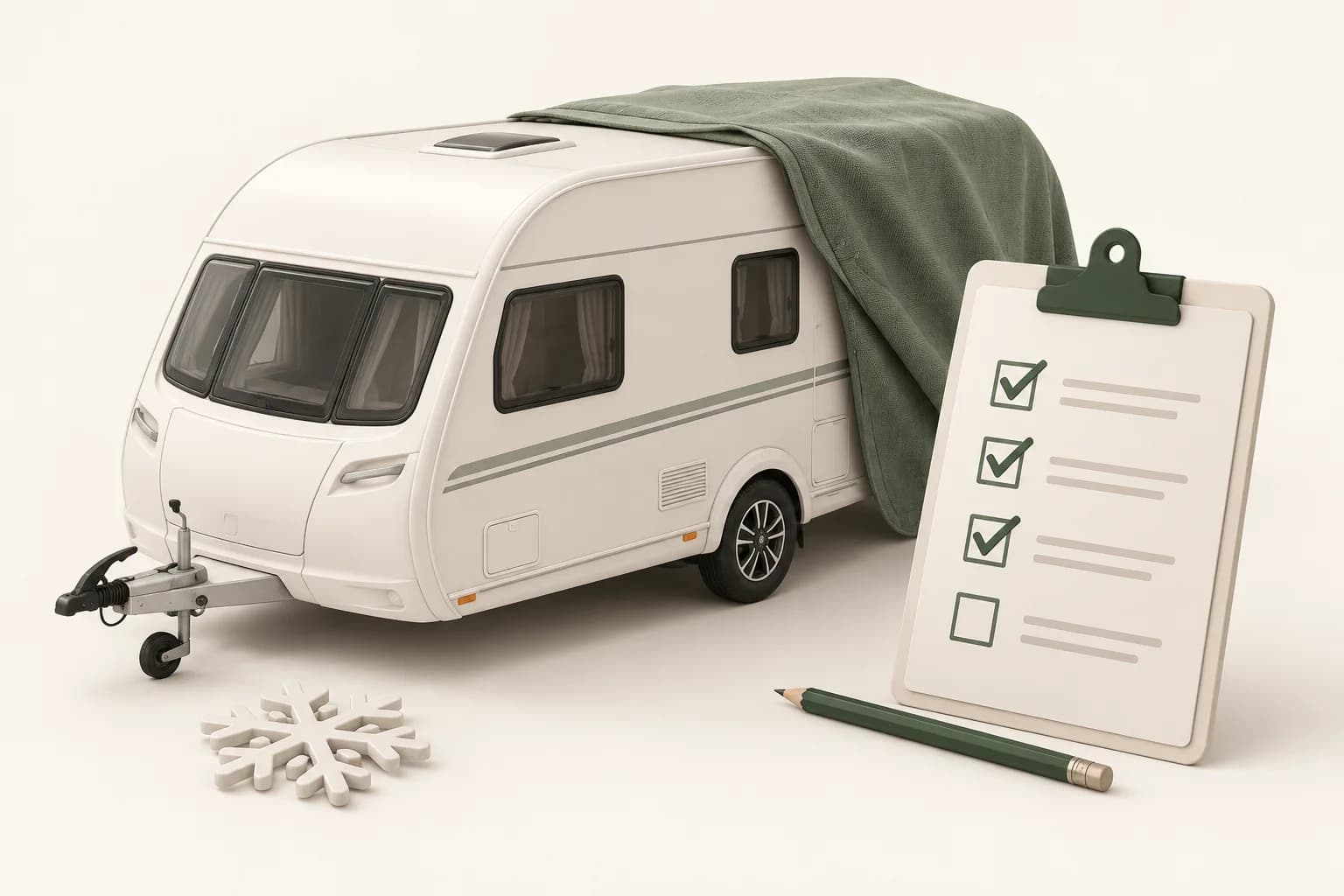 Abgedeckter Wohnwagen mit persönlicher Einwinterungs-Checkliste auf einem Klemmbrett