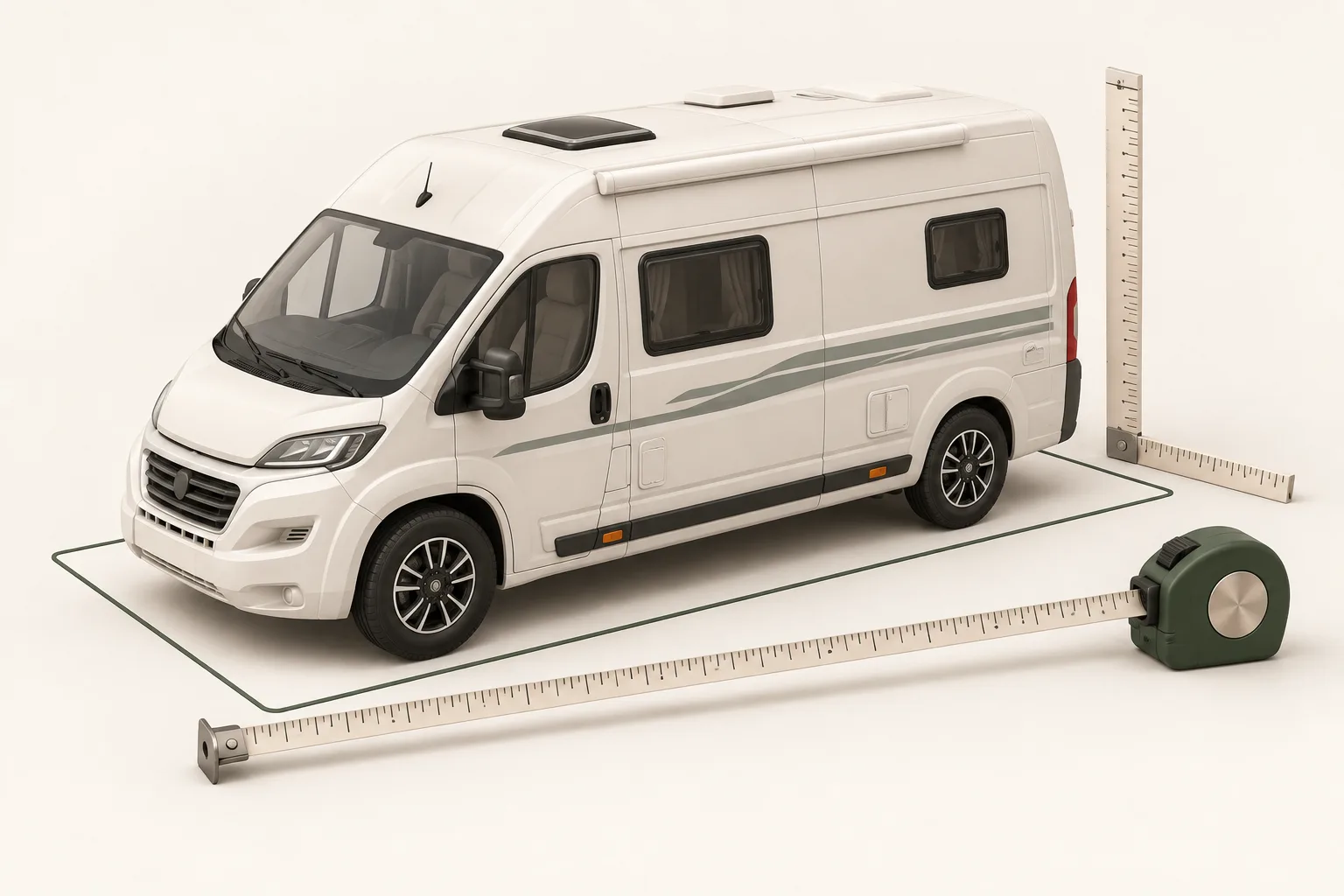 Wohnmobil wird mit Maßband vermessen – Länge und Höhe für den passenden Stellplatz