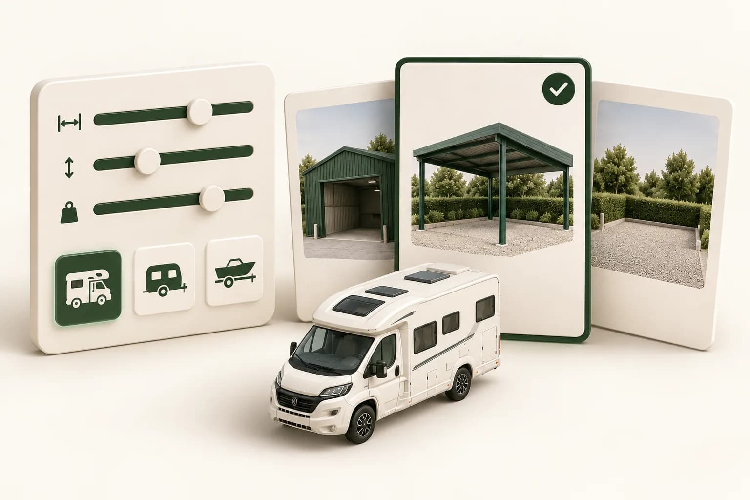 Stellplatz-Filter nach Maßen und Fahrzeugtyp – Halle, Carport oder Freifläche auswählen