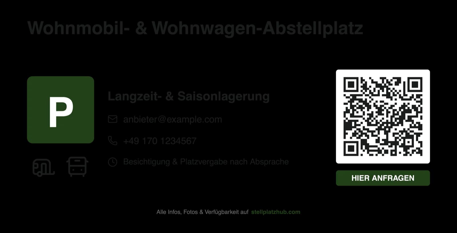 Druckfertiger Werbe-Banner mit QR-Code für einen Stellplatz auf StellplatzHub