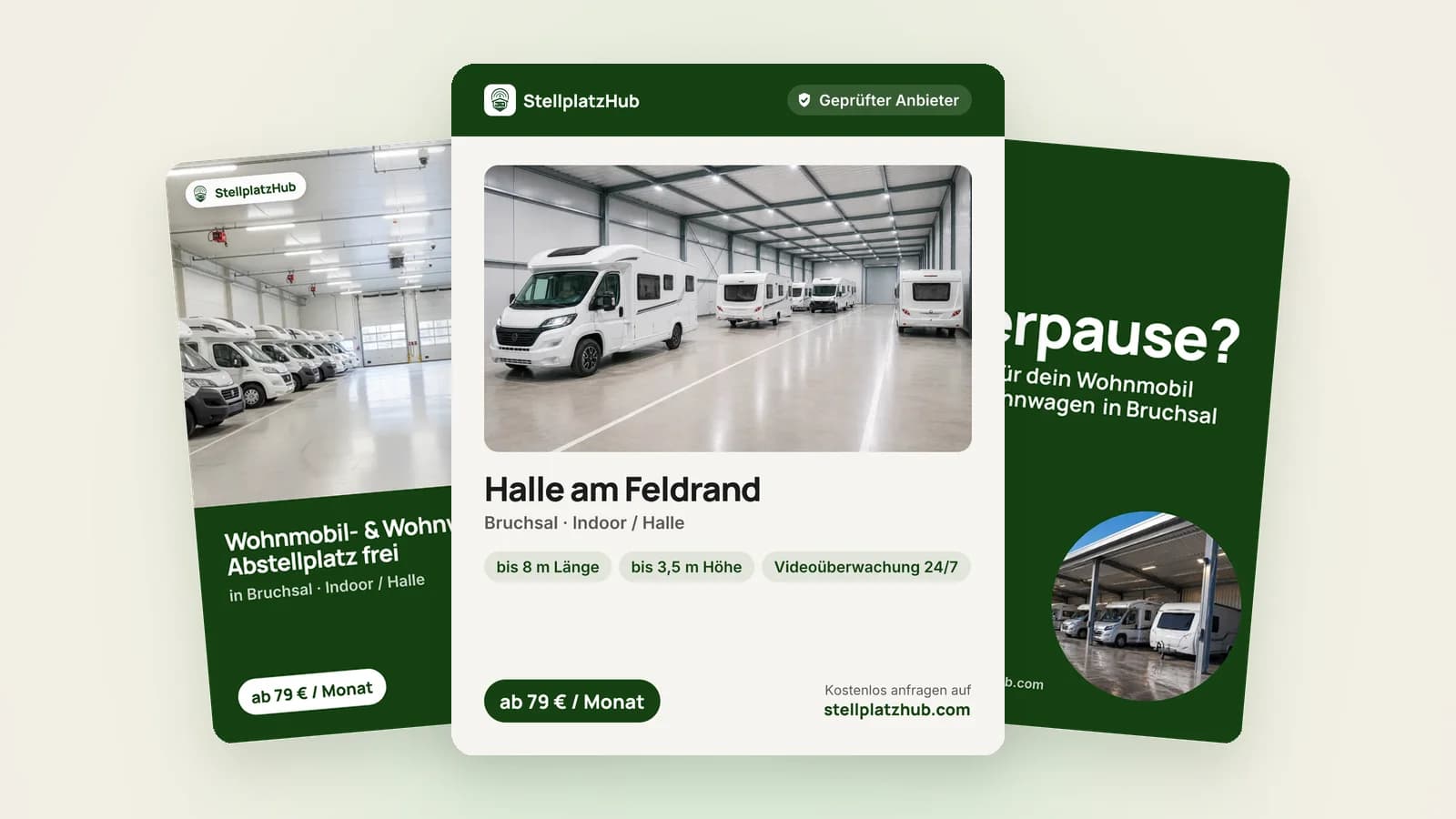 Drei Social-Media-Bilder eines Stellplatz-Inserats, erstellt mit dem Social-Media-Studio von StellplatzHub