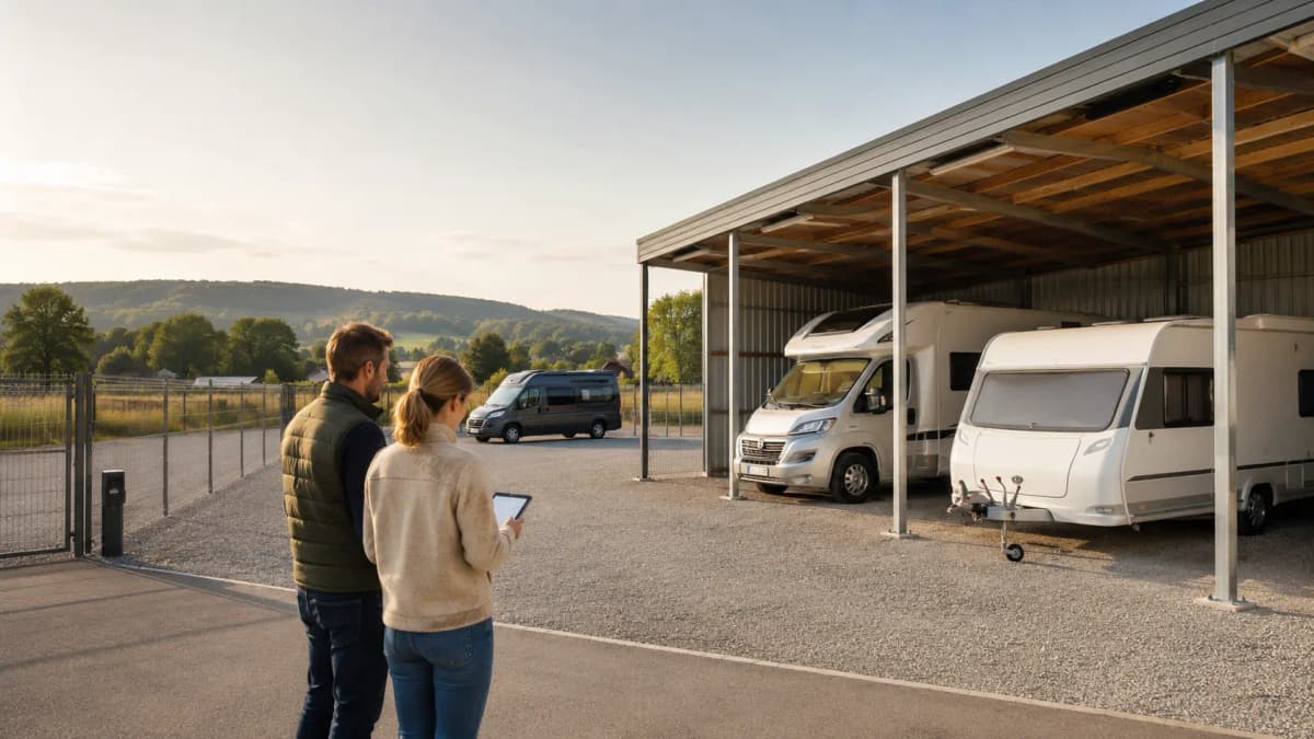 Wohnmobil auf einem gesicherten Unterstellplatz
