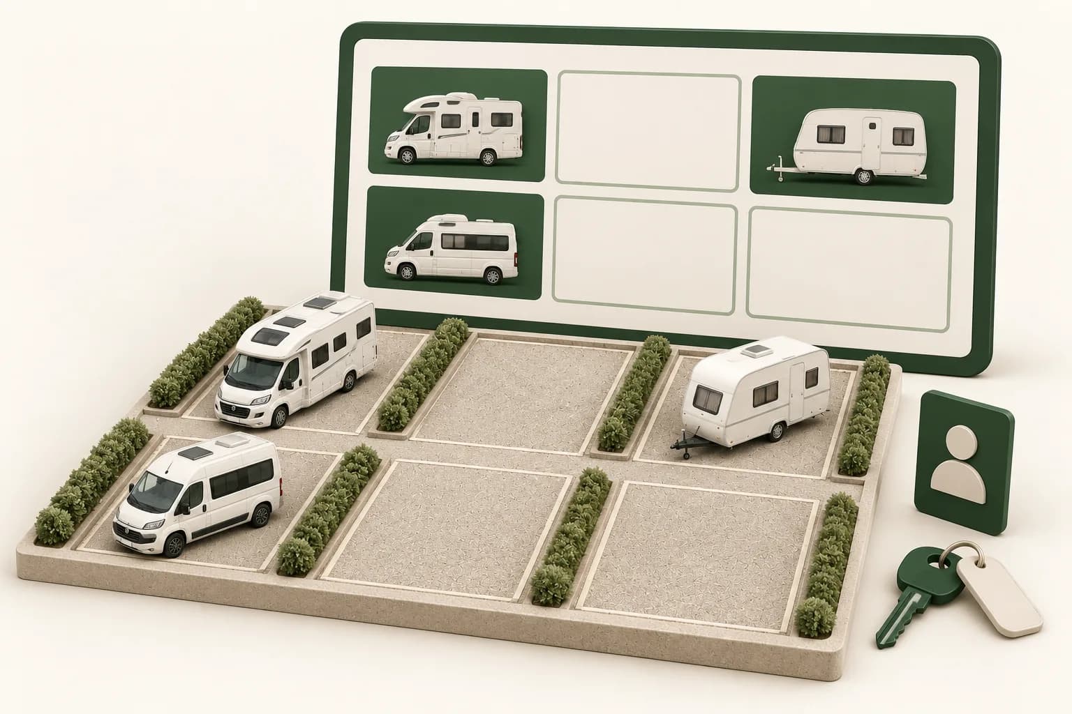 Stellplatzverwaltung im StellplatzHub-Dashboard: Plätze mit Belegungsstatus – frei, belegt und reserviert – für Wohnmobile, Wohnwagen und Campervans