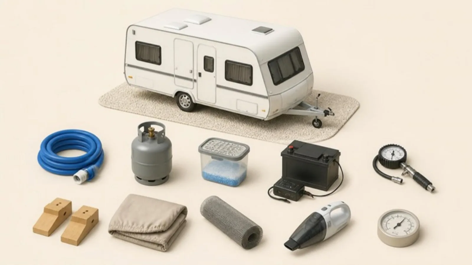 Wohnwagen mit allem, was zum Winterfestmachen gebraucht wird: Wasserschlauch, Gasflasche, Entfeuchter, Batterie mit Ladegerät, Reifendruckprüfer, Unterlegkeile, Abdeckung, Mäusegitter, Handstaubsauger und Hygrometer