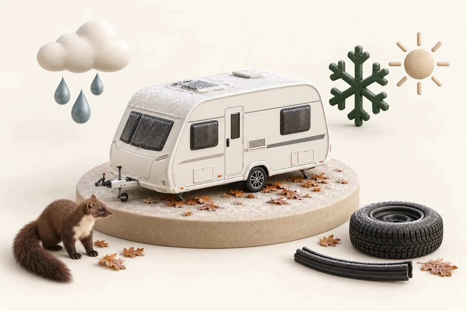 Eingelagerter Wohnwagen im Winter – Risiken durch UV, Feuchtigkeit, Marder, Standplatten und spröde Dichtungen