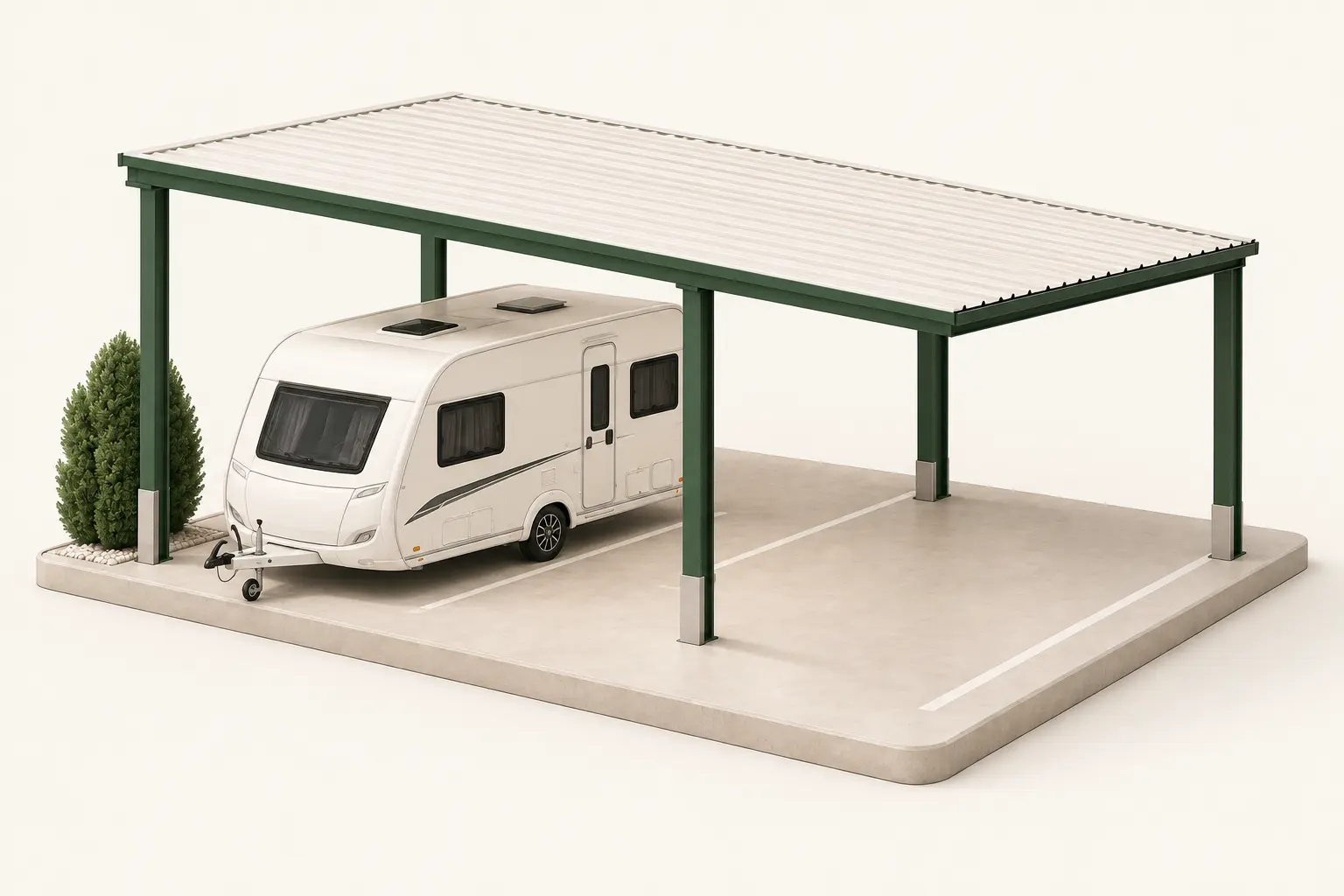Illustration eines überdachten Carport-Stellplatzes mit Wohnwagen auf befestigtem Untergrund