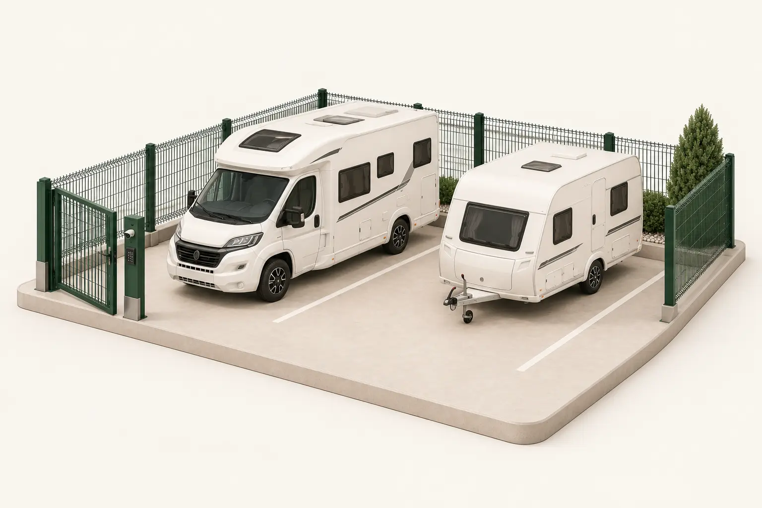 Illustration eines umzäunten Außenstellplatzes mit Tor und Zutrittskontrolle, auf dem ein Reisemobil und ein Wohnwagen stehen
