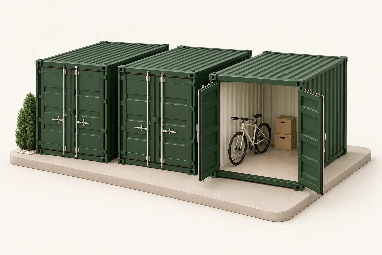 Illustration einer Reihe abschließbarer Lagercontainer, von denen einer geöffnet ist und Fahrrad sowie Kartons zeigt