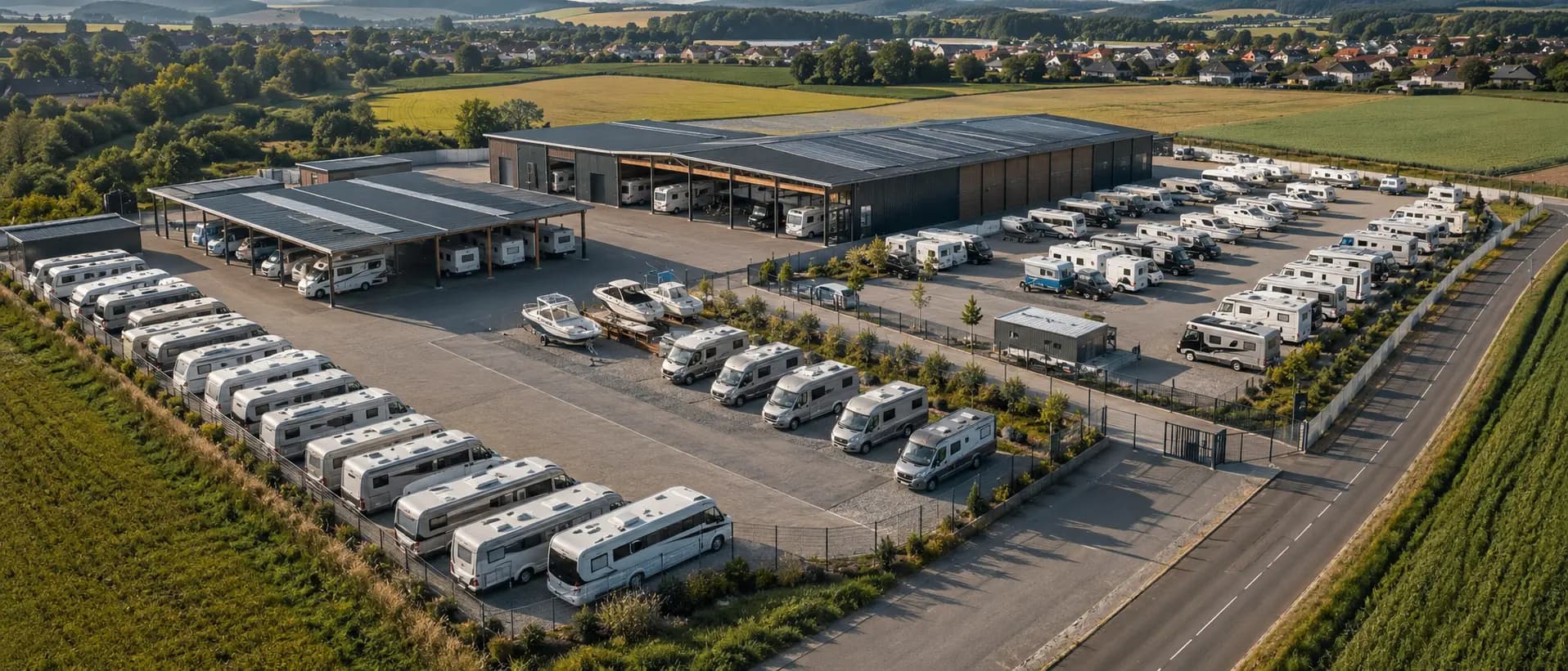Luftaufnahme einer Stellplatz-Anlage mit Indoor-Hallen, überdachten und gesicherten Außenplätzen für Wohnwagen, Reisemobil und Campervan im DACH-Raum